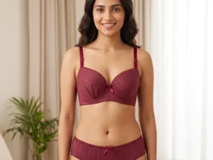Model wearing Wine Red Soft Striped Padded Bra Set with soft striped fabric, padded cups, and wide support band