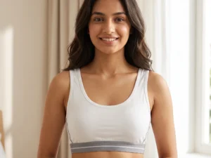 Model wearing White Sporty Crop Bralette made of soft stretch fabric with elastic band and all-day comfort